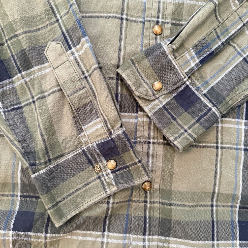 VTG Wrangler PearlSnap Mens Shirt XL Olive Green Plaid Brushpopper Western Rodeo - Picture 5 of 7